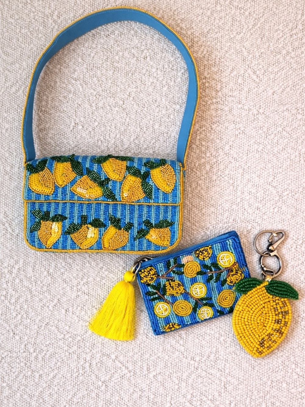 Anthropologie Beaded Lemon Shoulder bag + matching Pouch & Keychain Set